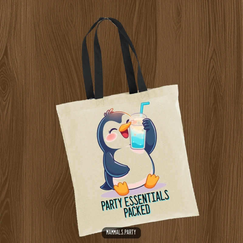 Funny tote bag with a joyful penguin raising a fizzy drink cup, symbolizing celebration and merriment.
