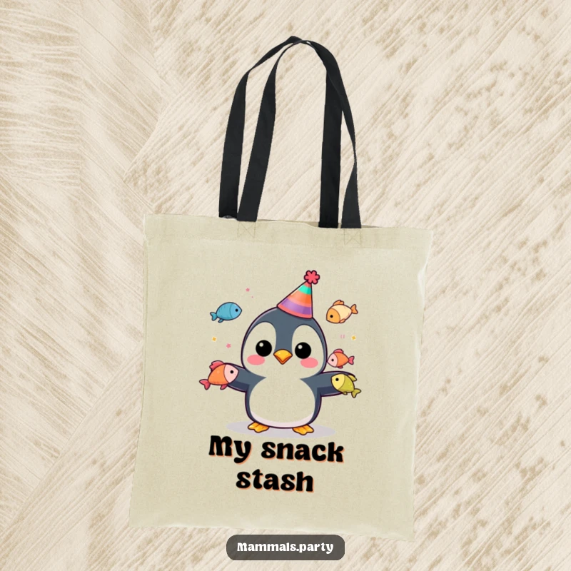 Funny penguin wearing a party hat, juggling colorful fish on a tote bag, for carrying party essentials.