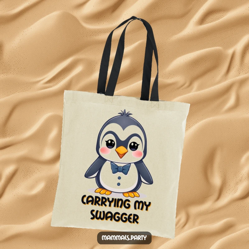 Funny penguin tote bag showing an energetic character wearing a tiny tuxedo, perfect for carrying essentials in style.