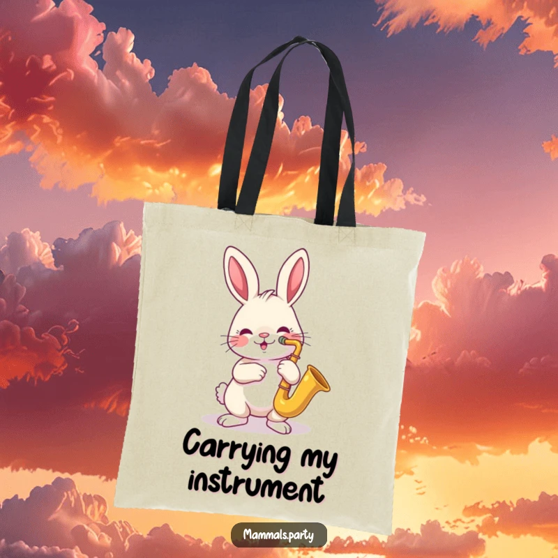 Funny tote bag featuring a cheerful rabbit playing a saxophone, ready to bring some groovy tunes to your day.