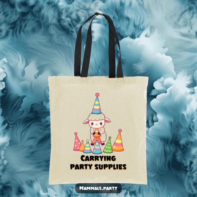 Funny Sheep Tote Bag: Cute kawaii sheep hilariously balancing party hats, a humorous and practical carry-all for celebrations.