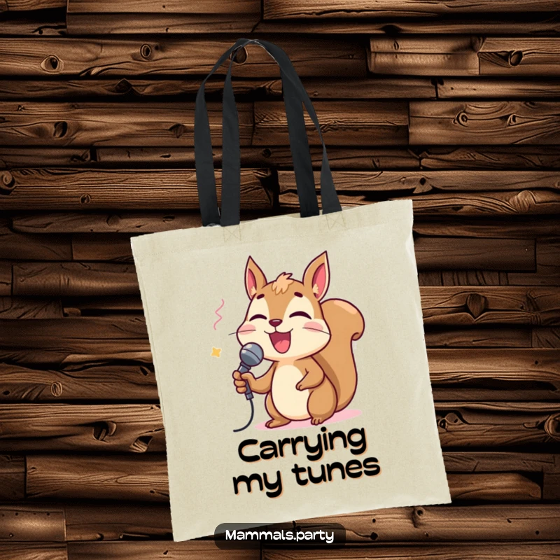 Funny squirrel holding a tiny microphone and singing karaoke on a tote bag, perfect for carrying music gear or everyday items.