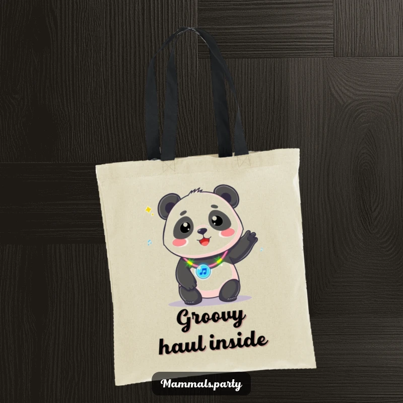 Funny Kawaii Panda wearing a flashing necklace, bopping to music, a tote bag for carrying essentials with a musical vibe.