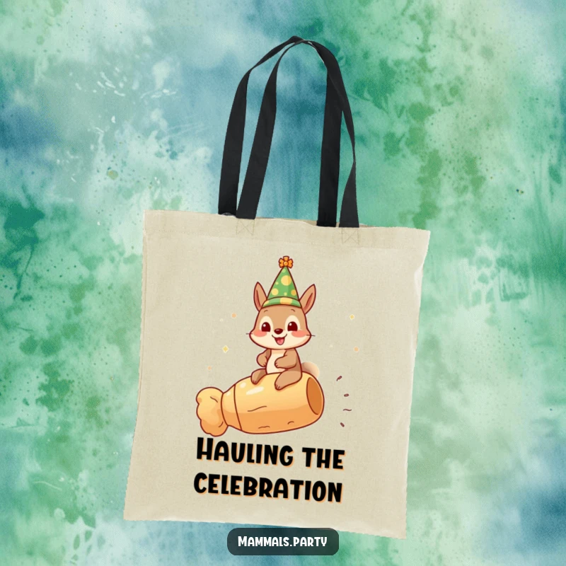 Funny gleeful squirrel tote bag, wearing a festive hat and riding a champagne cork, ready for festive outings.