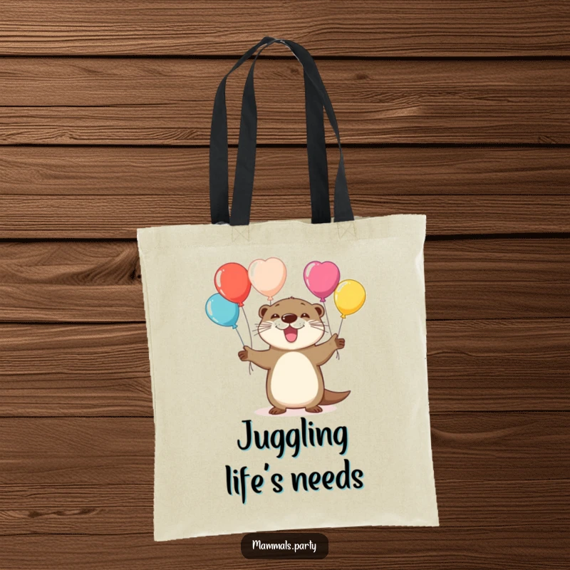 Funny tote bag featuring a playful otter juggling colorful balloons, ready to add some cheer to any outing.