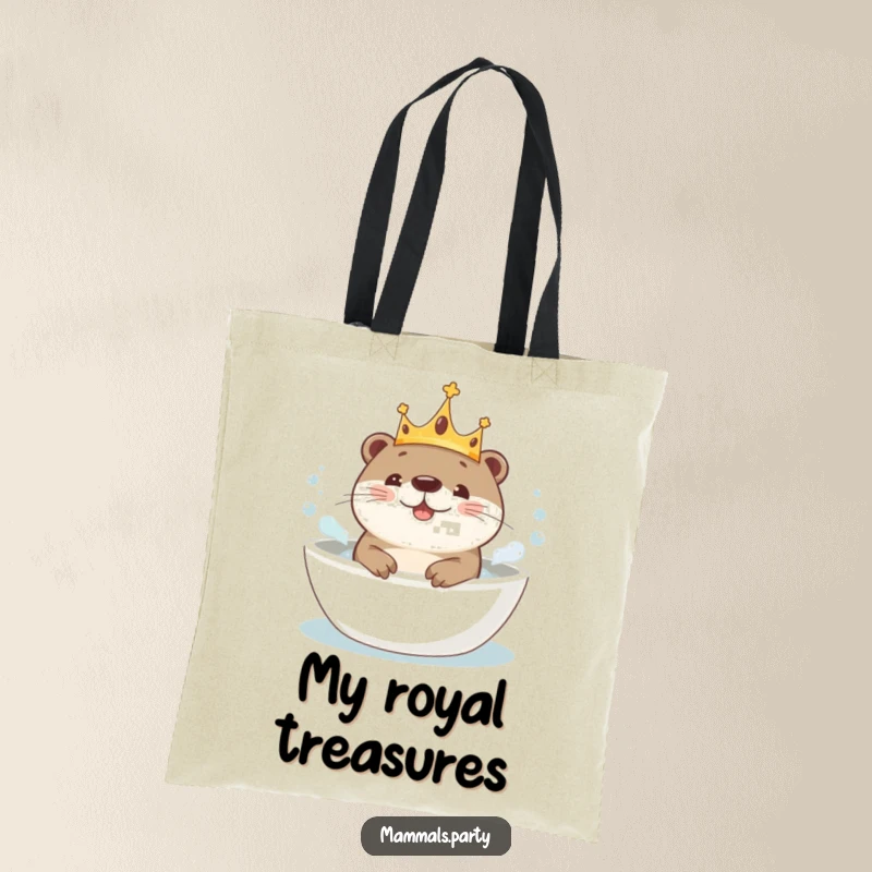 Funny Kawaii Otter wearing a crown, happily splashing in a bubbly bath, a stylish tote bag for carrying spa day necessities.
